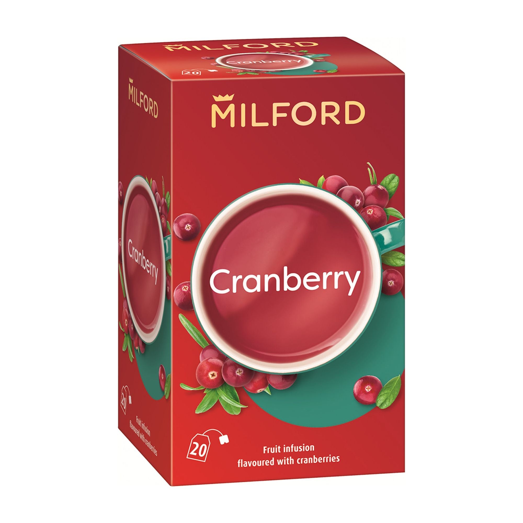 A box of Milford Cranberry fruit tea with a visual of a cup of tea and cranberries on the front, indicating the flavor of the tea.