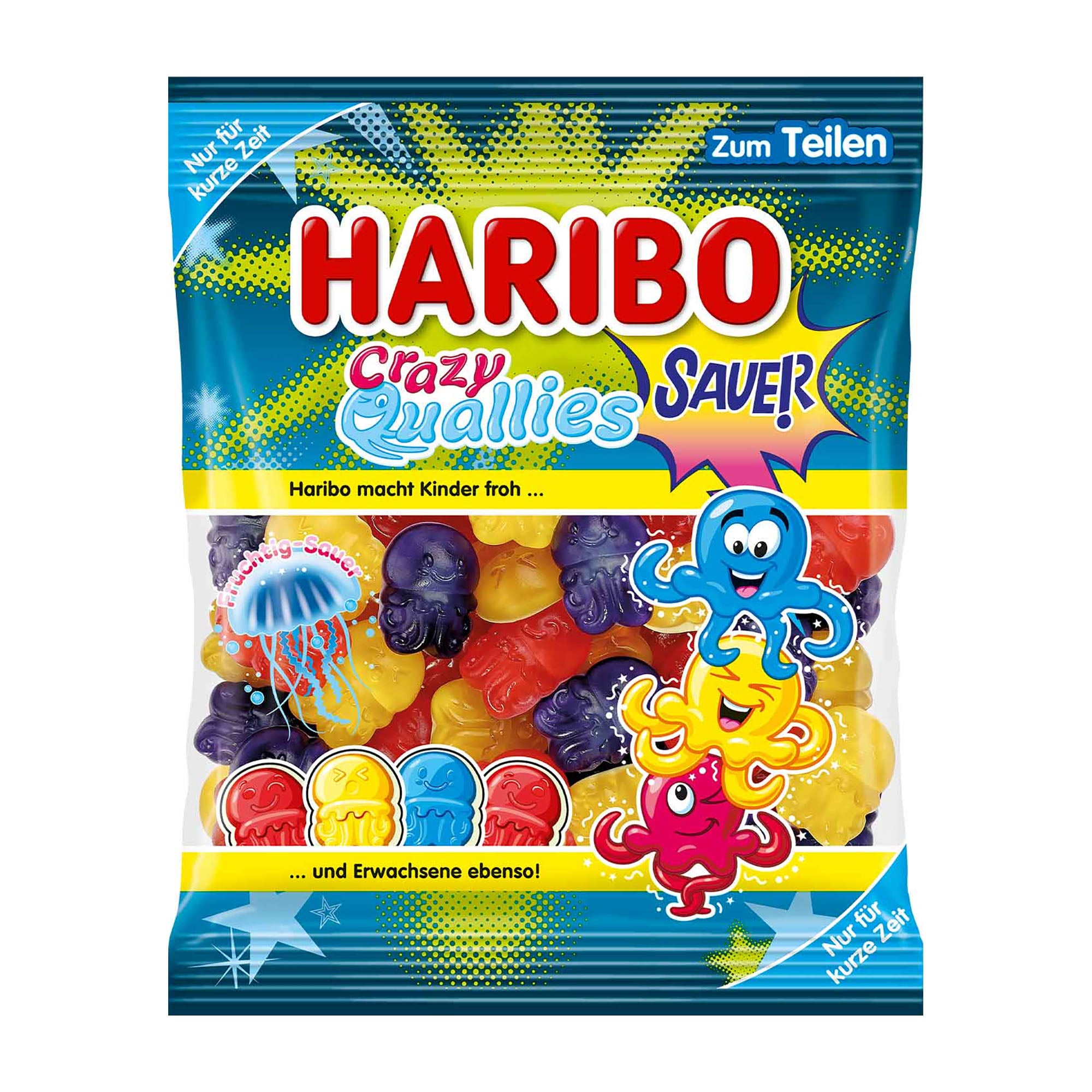 Haribo Crazy Quallies Sour gummy candy package with colorful gummy characters on a blue background