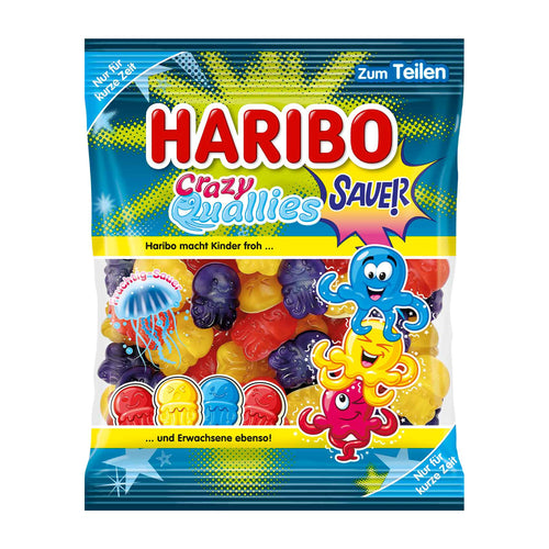 Haribo Crazy Quallies Sour gummy candy package with colorful gummy characters on a blue background