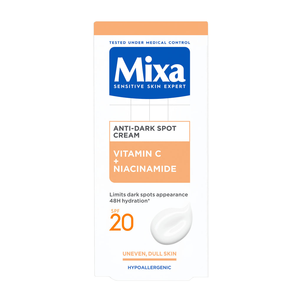 Mixa Anti-Dark Spot Cream packaging with vitamin C and niacinamide on a white background