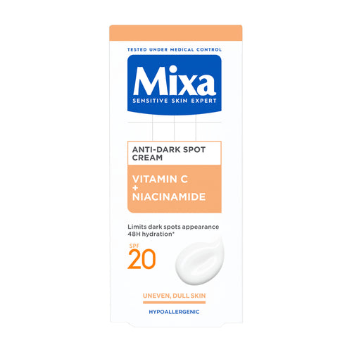 Mixa Anti-Dark Spot Cream packaging with vitamin C and niacinamide on a white background