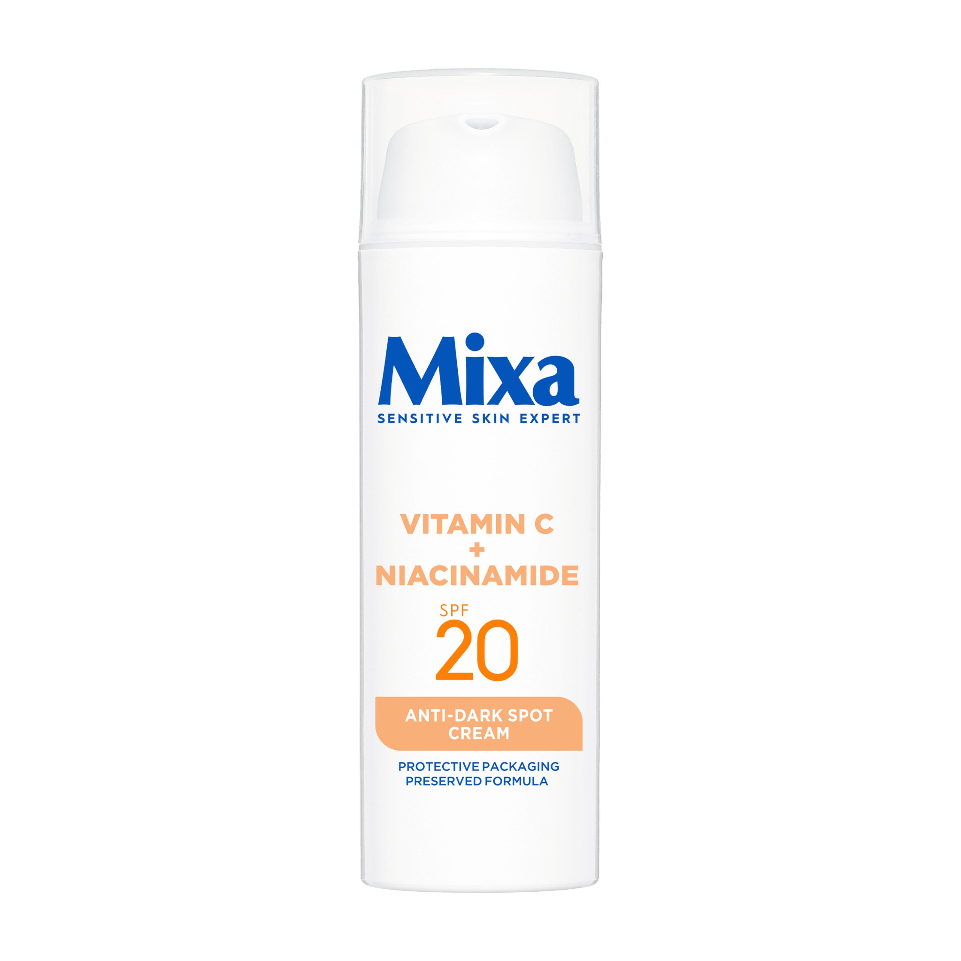 Mixa anti-dark spot cream bottle with SPF 20 on a white background