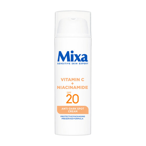 Mixa anti-dark spot cream bottle with SPF 20 on a white background