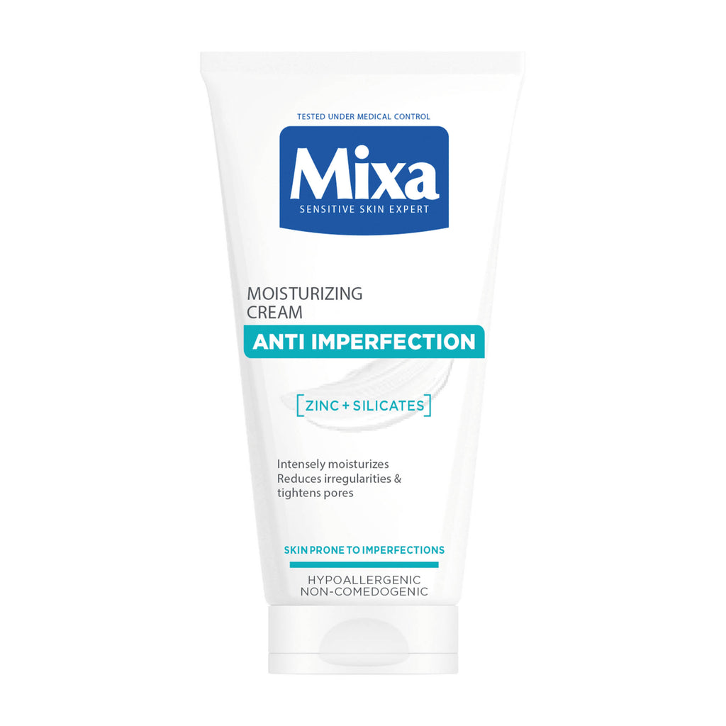 Tube of Mixa Anti-Imperfection Moisturizing Cream with text highlighting its benefits for sensitive skin, zinc, and silicates.