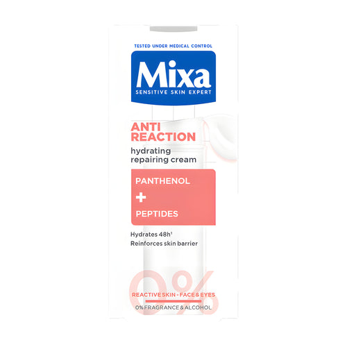 Mixa anti-reaction hydrating repairing cream packaging with branding and product details on a white background