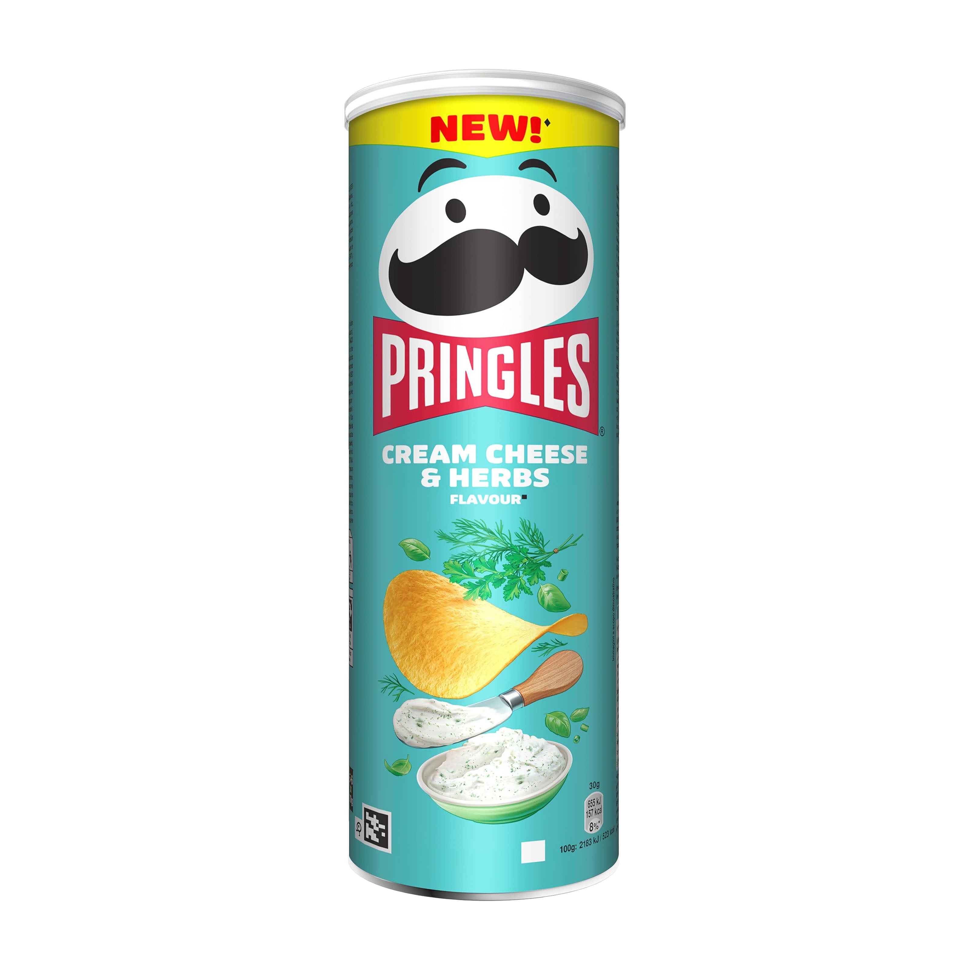 Pringles cream cheese & herbs flavor potato crisps can on a white background