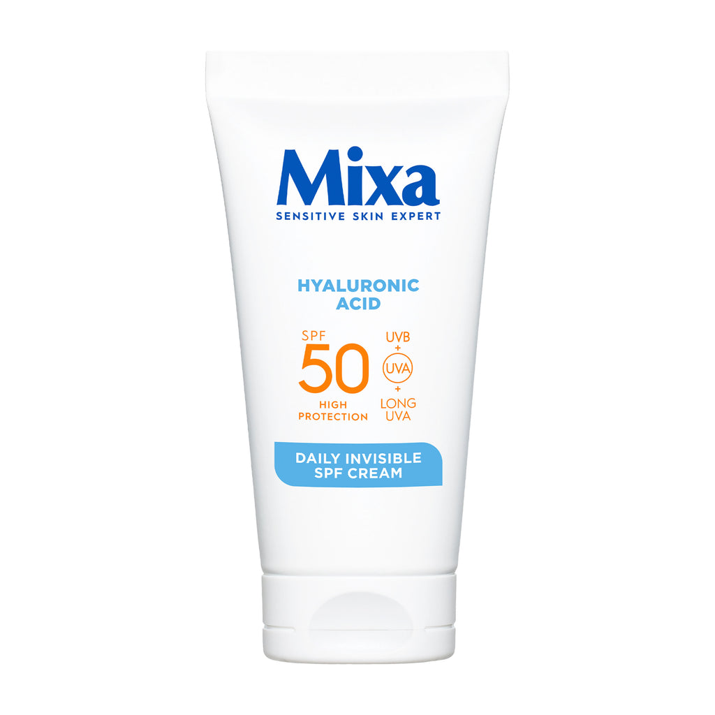 Mixa Daily Invisible SPF Cream tube on a white background