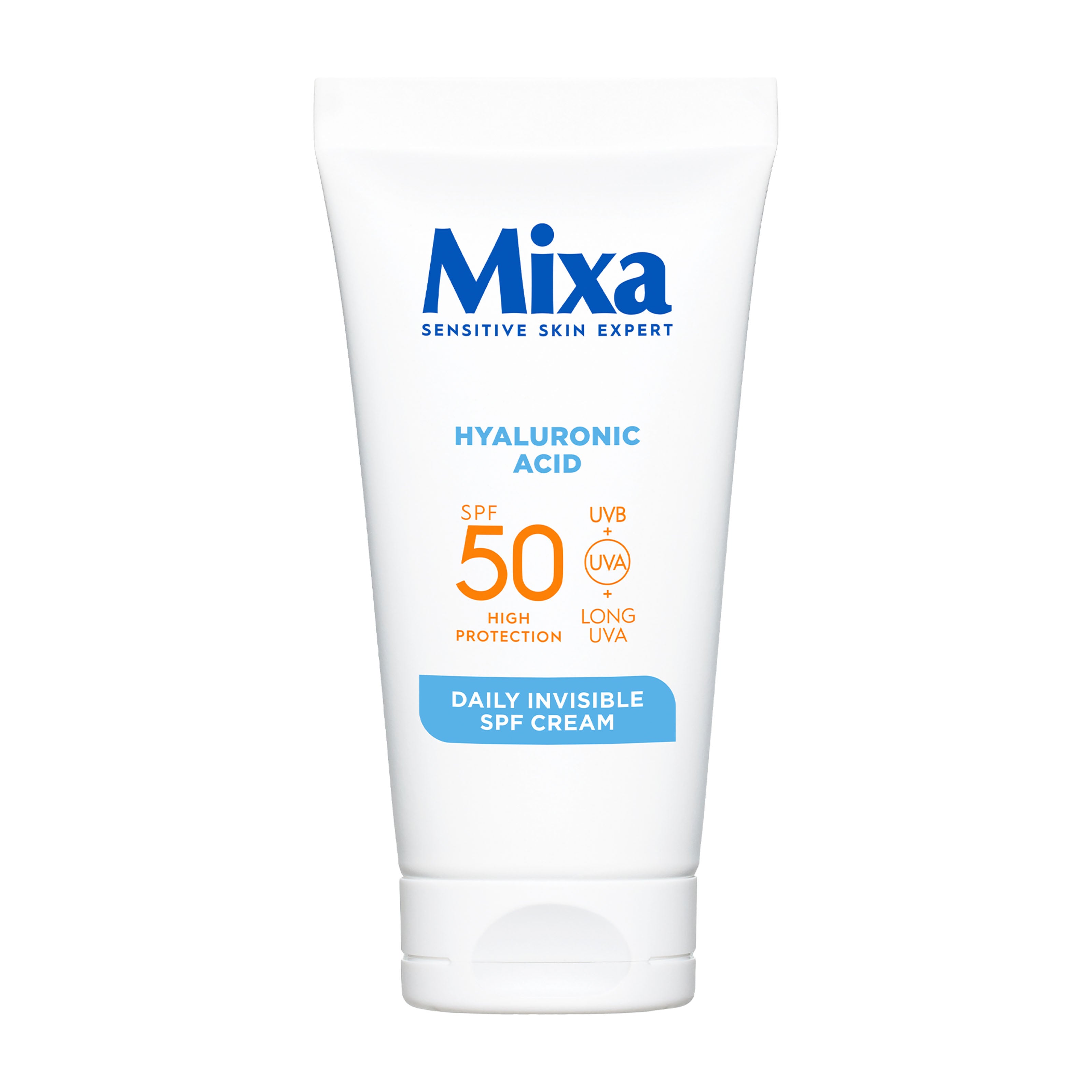 Mixa Daily Invisible SPF Cream tube on a white background