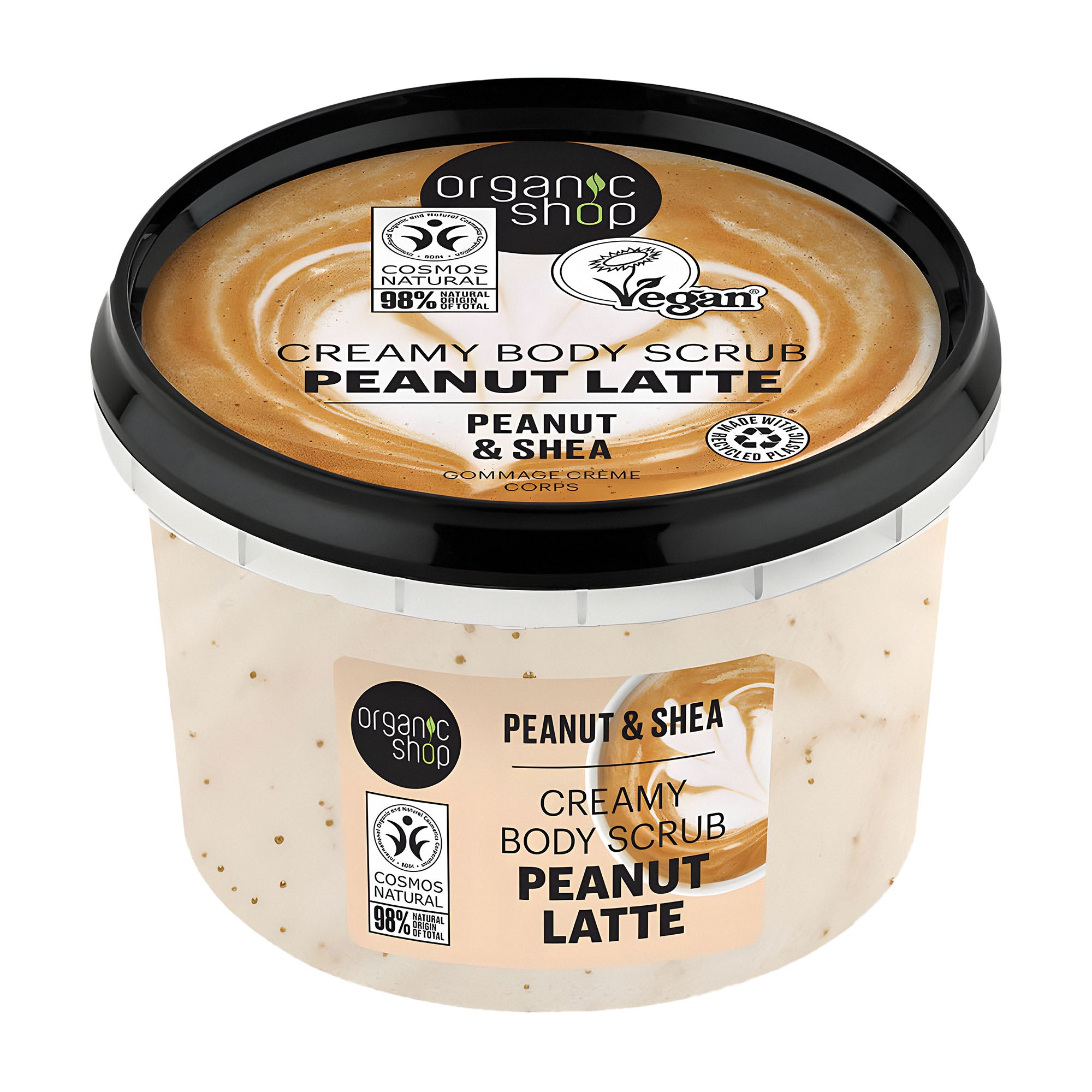 Container of Organic Shop Peanut Latte creamy body scrub on a white background
