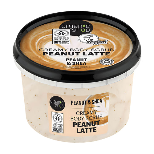 Container of Organic Shop Peanut Latte creamy body scrub on a white background