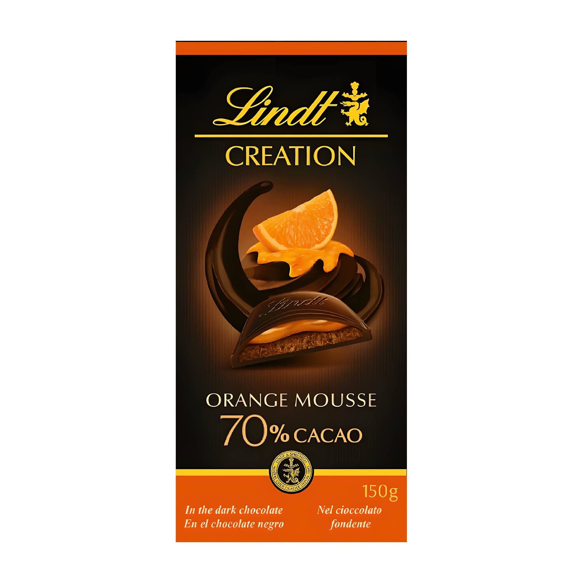 Packaging of Lindt Creation Orange Mousse 70% dark chocolate bar with an image of the chocolate bar and orange slices, and the weight indication of 150g.
