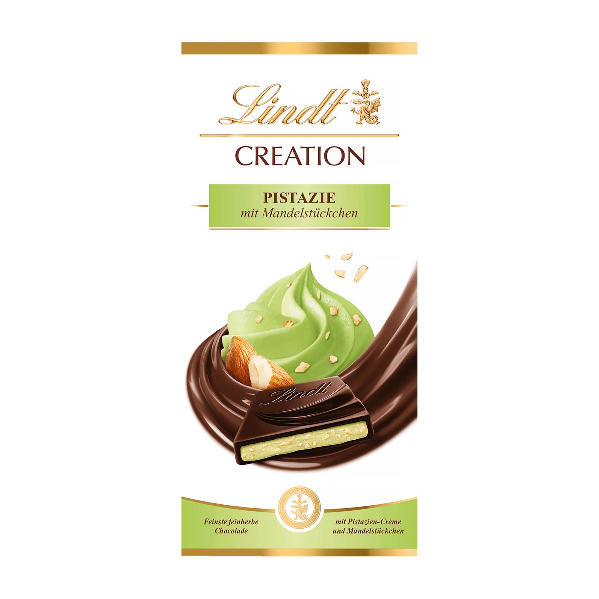 Packaging of Lindt Creation Pistachio dark chocolate bar, showing the product name and an image of the chocolate bar with pistachio cream and almond pieces.