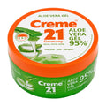 Container of Creme 21 Aloe Vera Gel with a green and orange lid, indicating 95% aloe vera content, 300 mL volume, and suitable for all skin types.