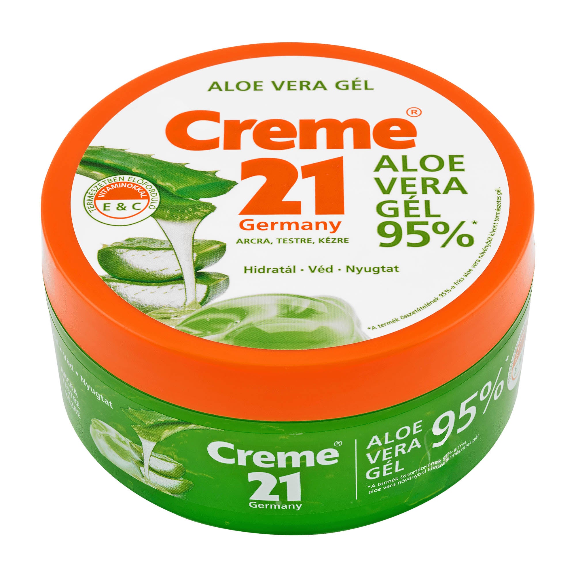 Container of Creme 21 Aloe Vera Gel with a green and orange lid, indicating 95% aloe vera content, 300 mL volume, and suitable for all skin types.