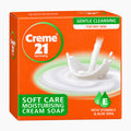 Creme 21 Soft Care Moisturizing Cream Soap packaging on a light gray background.