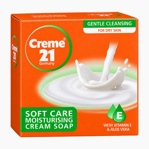 Creme 21 Soft Care Moisturizing Cream Soap packaging on a light gray background.