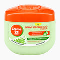 A jar of Creme 21 Fresh Aloe Moisturizing Petroleum Jelly with a light green body, orange lid, and a white and green label, shown on a plain white background.