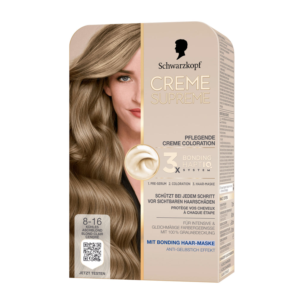 Schwarzkopf Creme Supreme 8-16 hair color packaging with a model's face and blonde hair.