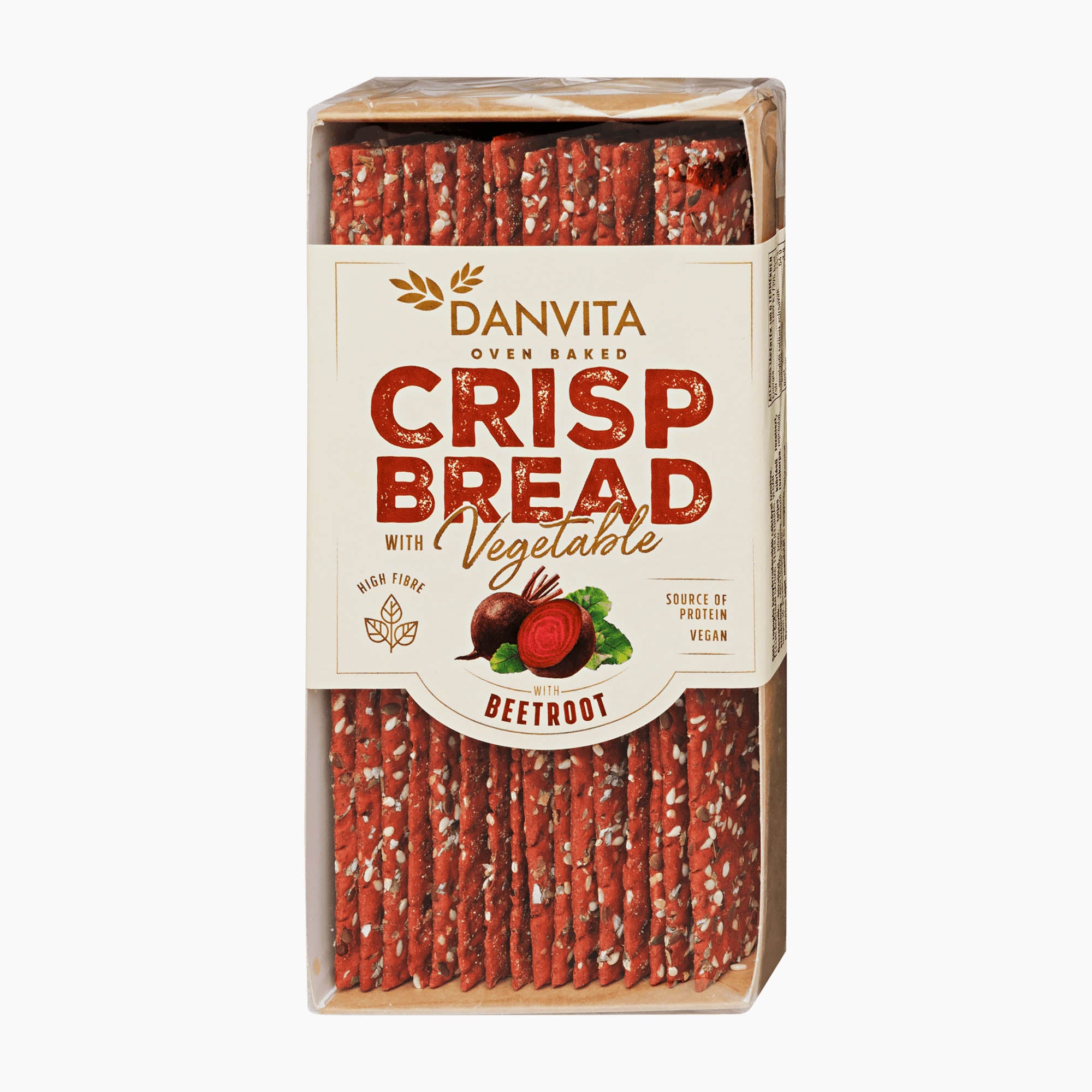 Danvita Beetroot Crisp Bread packaging on a light gray background.