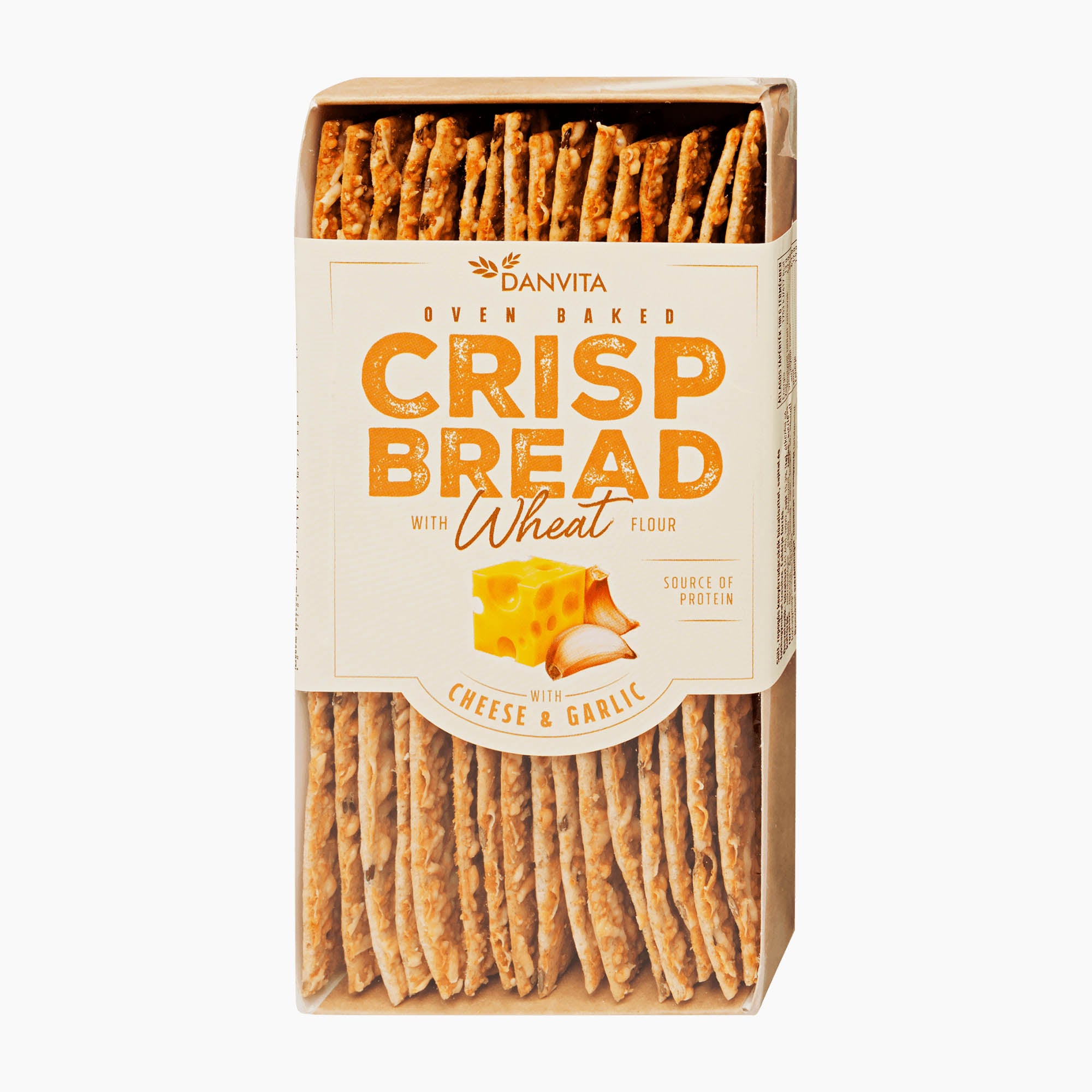 Danvita Cheese & Garlic flavored Crisp Bread in a clear rectangular box with a cream label and orange text, shown on a light gray background.