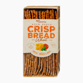 Danvita Cheese, Tomato & Basil flavored Crisp Bread in a clear rectangular box showing rows of golden-brown cracker slices, with a cream label featuring orange text and food illustrations.