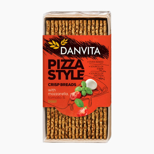 Danvita Pizza Style Crisp Breads with Mozzarella, Tomato & Basil in a clear plastic package with a bright red label, showing the baked bread slices inside.