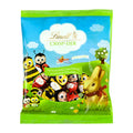 Lindt Crispy Eggs chocolate packaging with cartoon bees and a rabbit on a colorful background