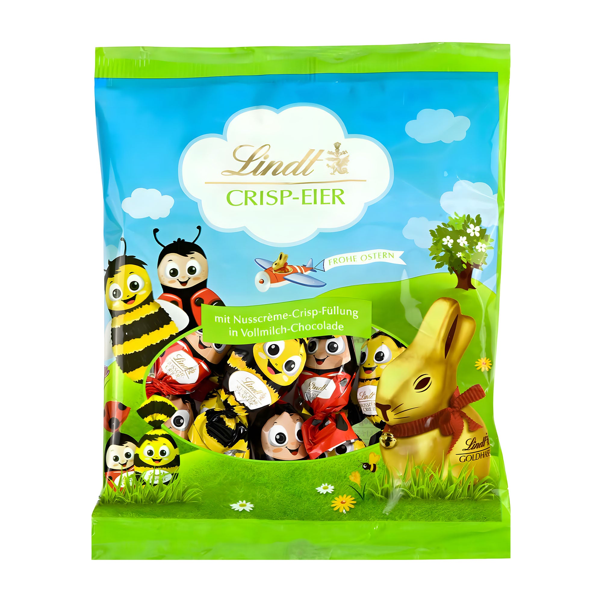 Lindt Crispy Eggs chocolate packaging with cartoon bees and a rabbit on a colorful background