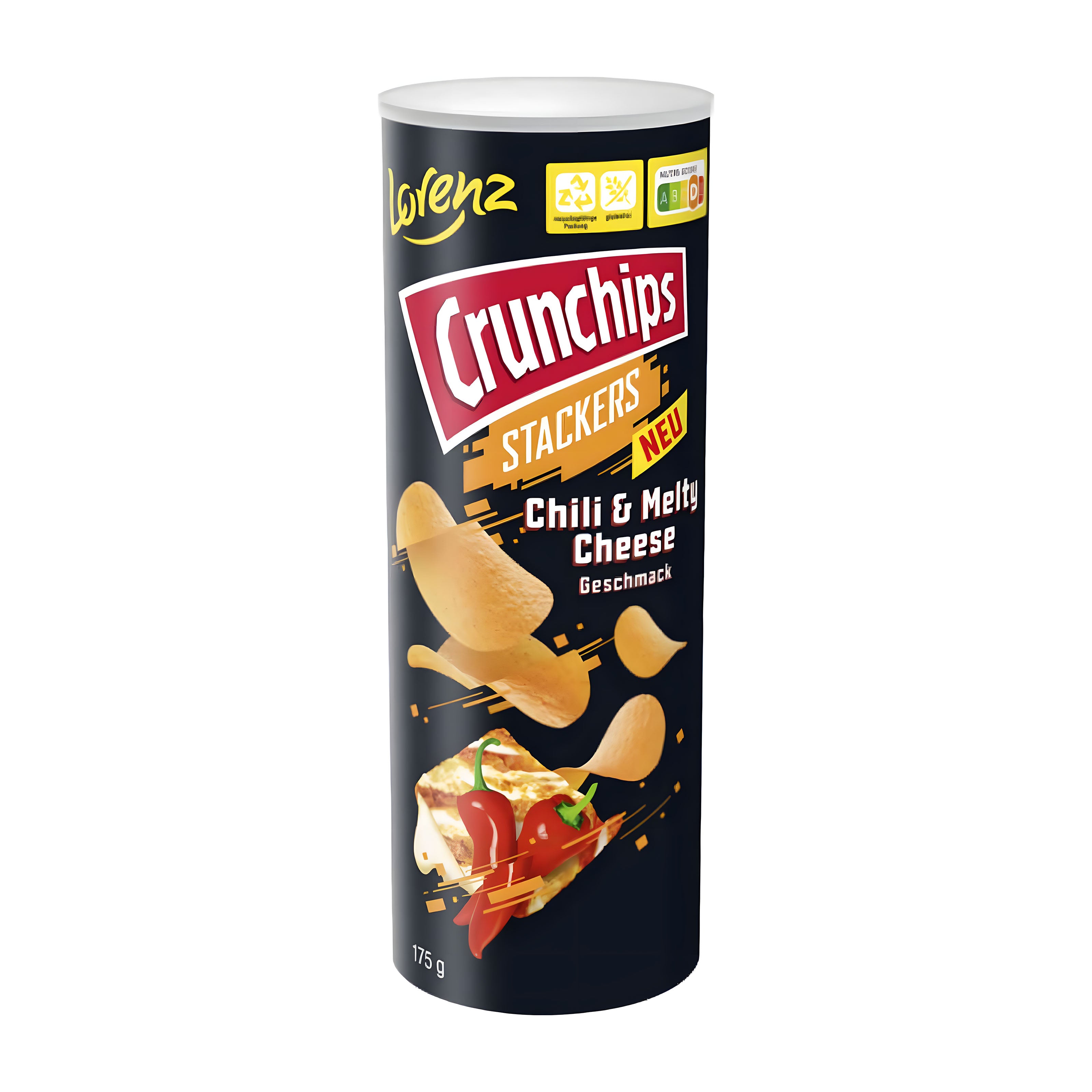 Tube of Lorenz Crunchips Stackers Chili & Melty Cheese flavor on a white background