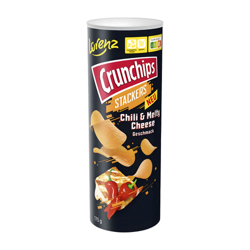 Tube of Lorenz Crunchips Stackers Chili & Melty Cheese flavor on a white background