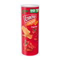 Red cylindrical container of Crunchips Stackers Paprika flavored potato crisps on a white background