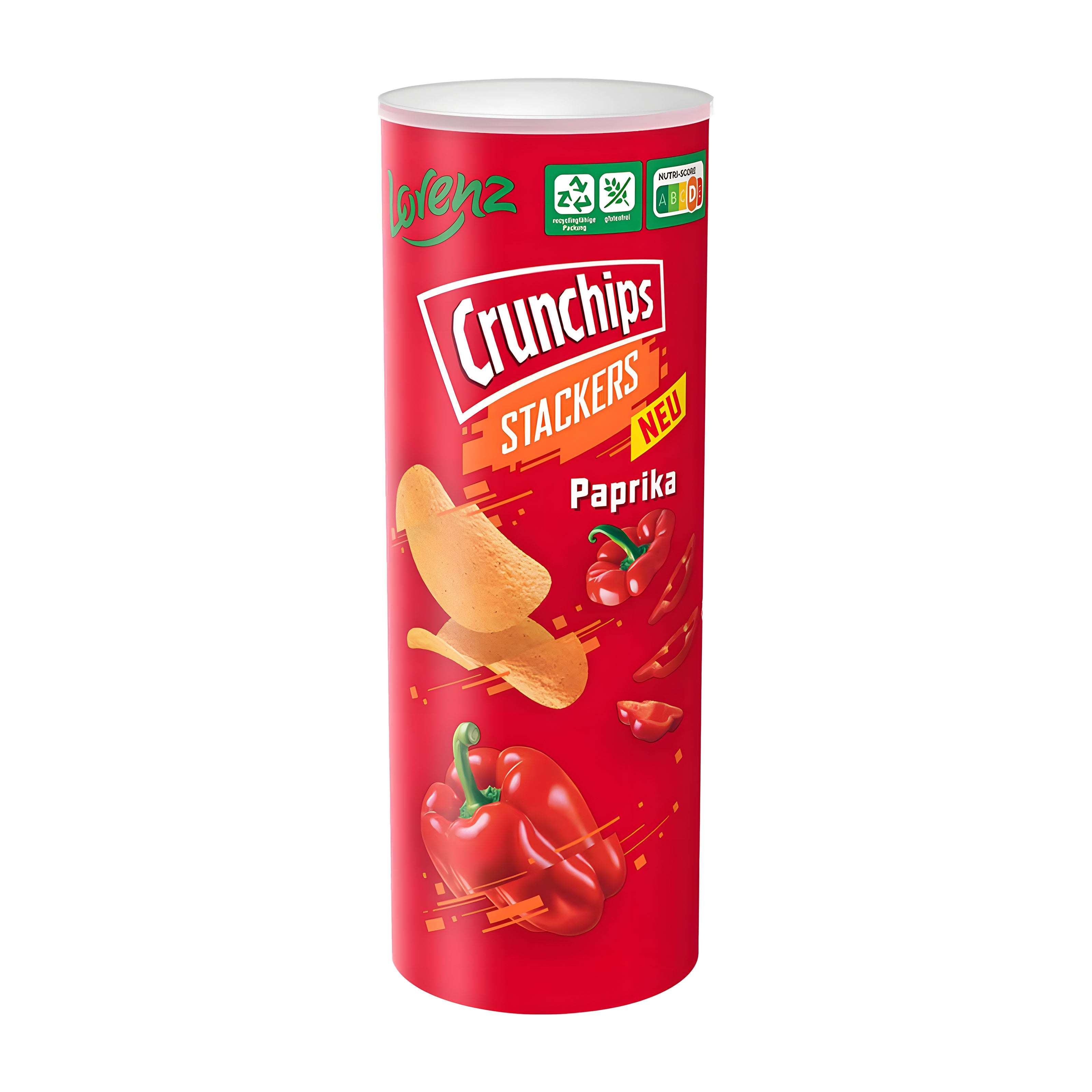 Red cylindrical container of Crunchips Stackers Paprika flavored potato crisps on a white background