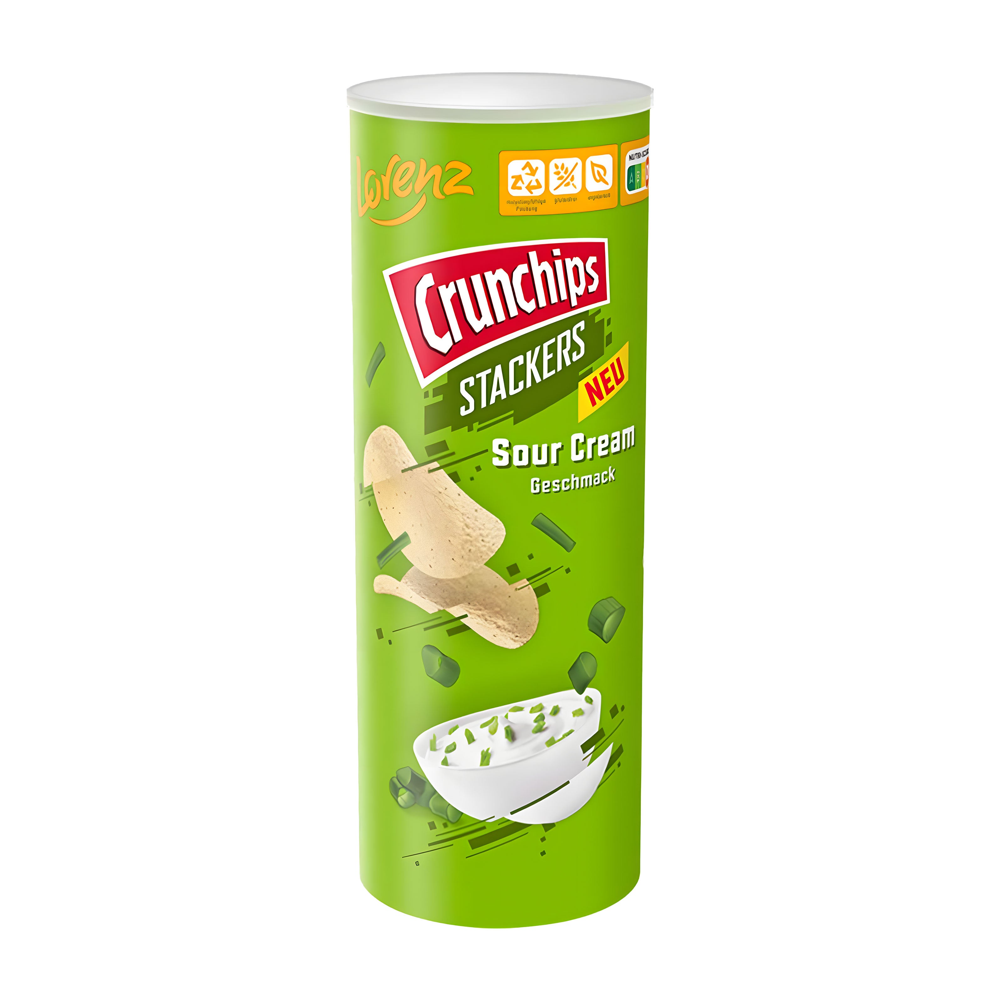Tube of Crunchips Stackers Sour Cream flavored potato crisps on a white background