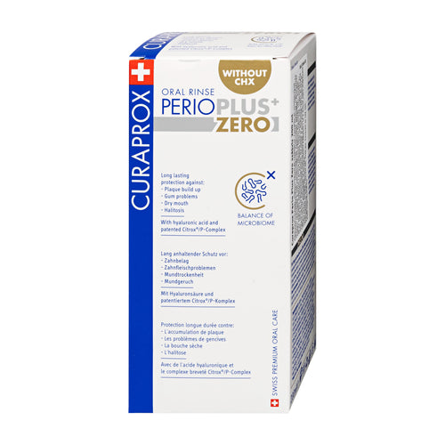 Curaprox Perio Plus Zero oral rinse box, featuring a white and blue packaging design with a gold 'Without CHX' badge, shown on a plain white background.
