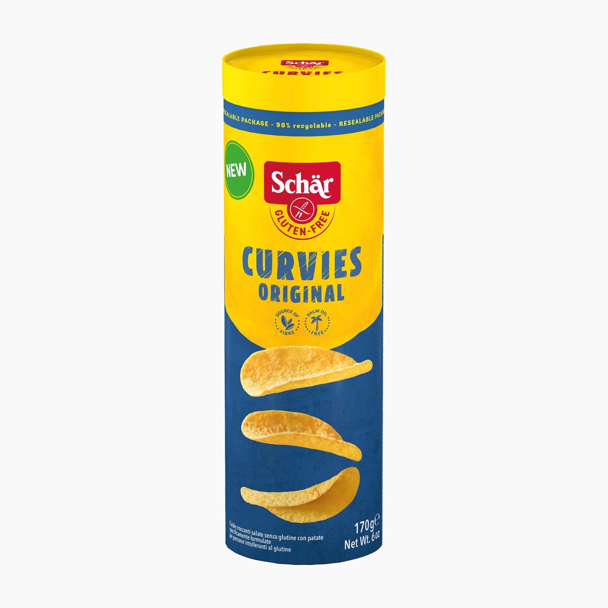 A cylindrical container of Schar Curvies Original potato snack on a plain white background. The packaging features a bright yellow top and middle section with the red Schar logo, and a dark blue lower section showing three golden-yellow potato chips.