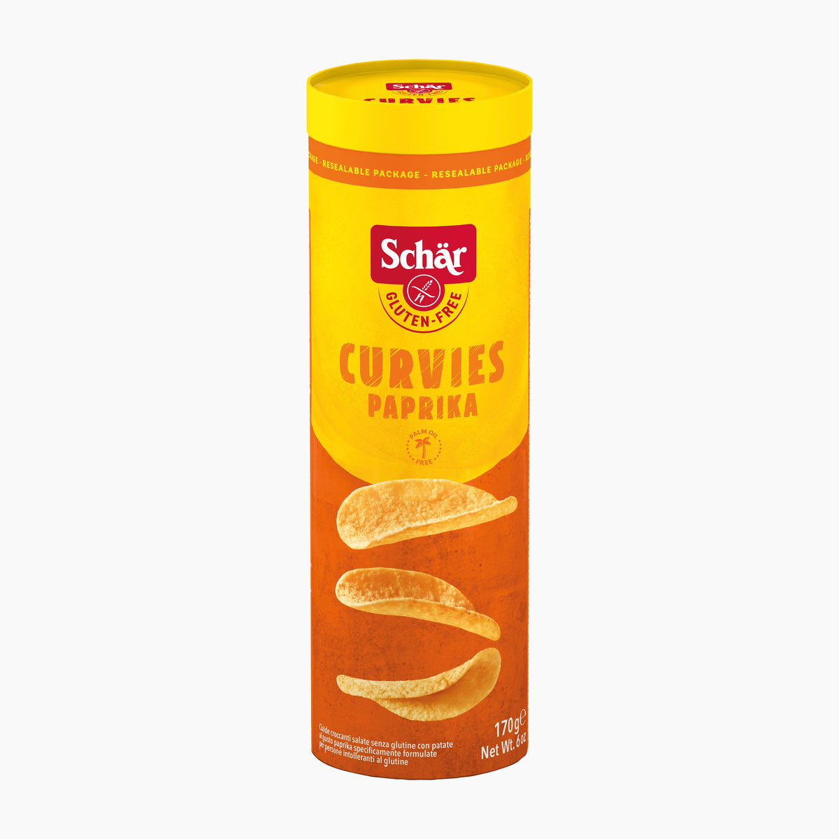 Schar Curvies Paprika flavored potato snack packaging on a light gray background.