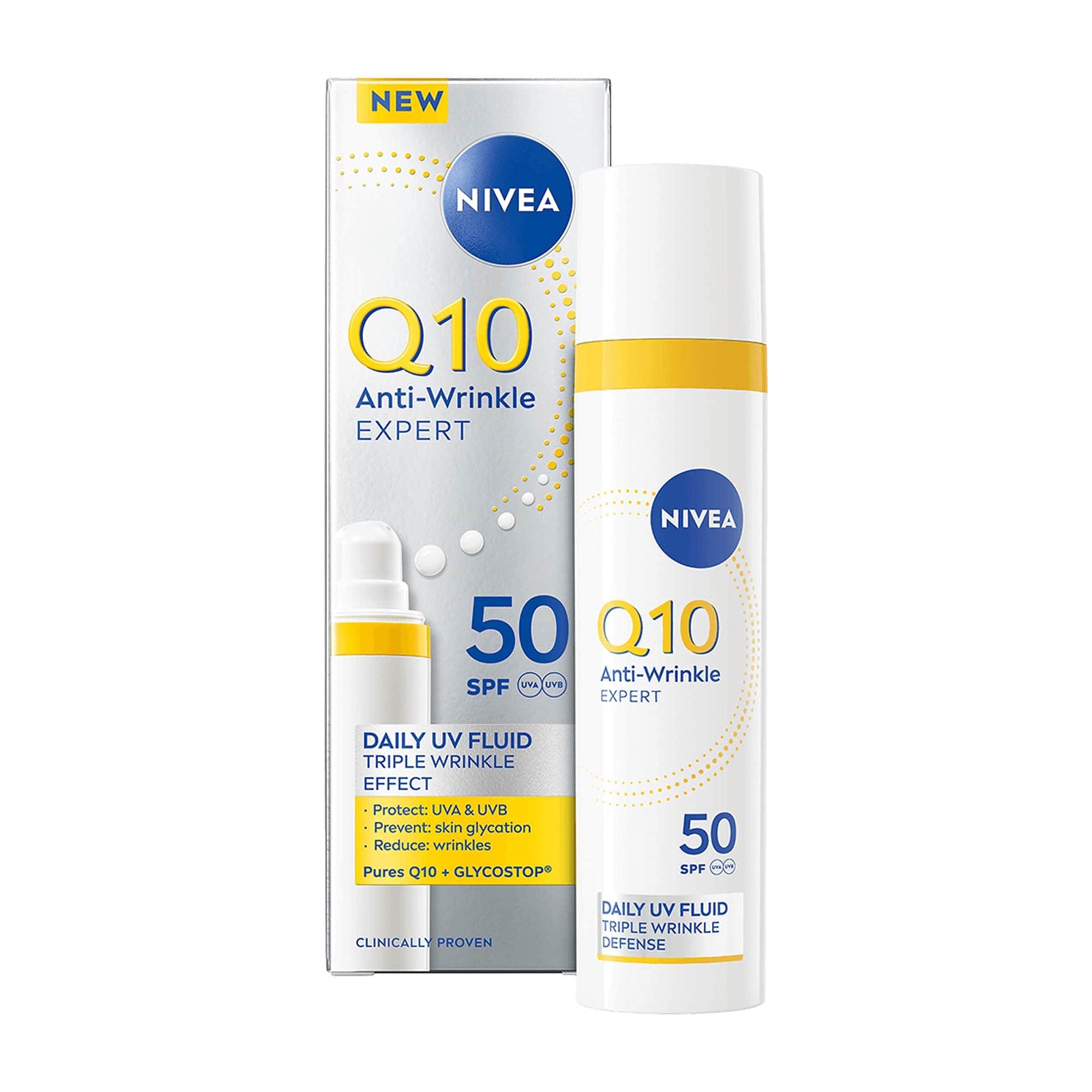 Nivea Q10 Anti-Wrinkle Expert SPF50 Daily UV Fluid packaging on a white background