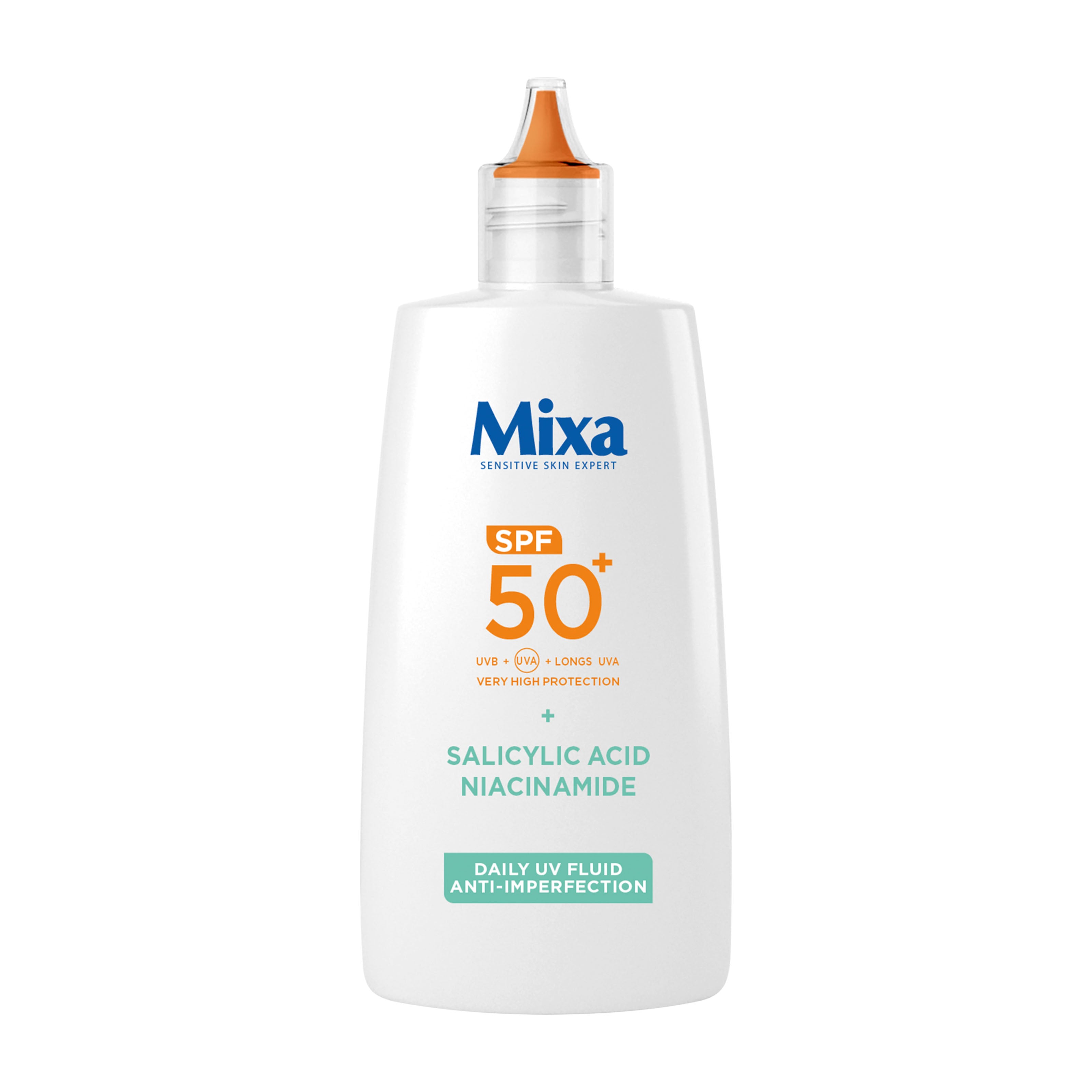 Mixa sunscreen bottle with SPF 50+ on a white background