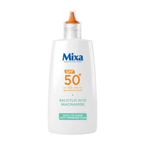 Mixa sunscreen bottle with SPF 50+ on a white background