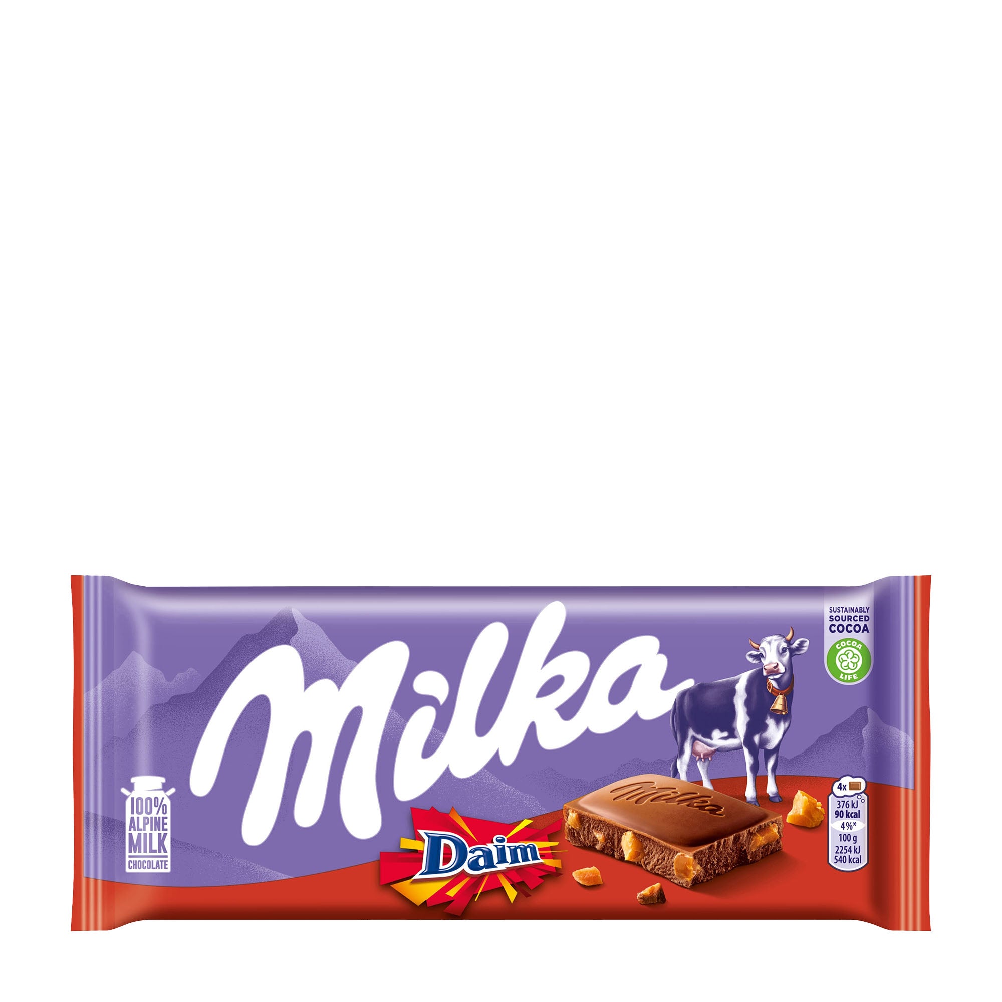 Milka Daim milk chocolate bar packaging on a white background