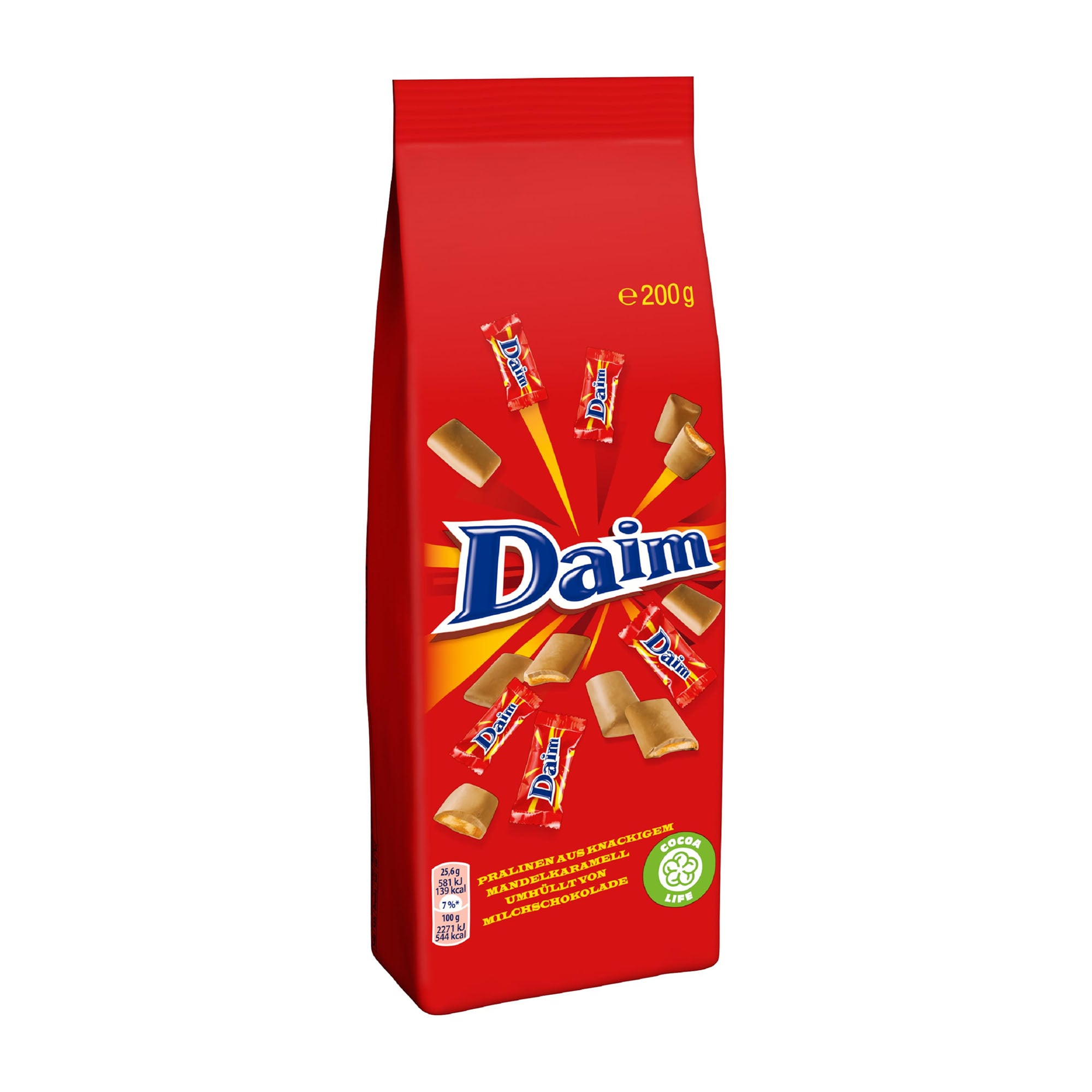 Red packaging of Daim Pralines on a white background