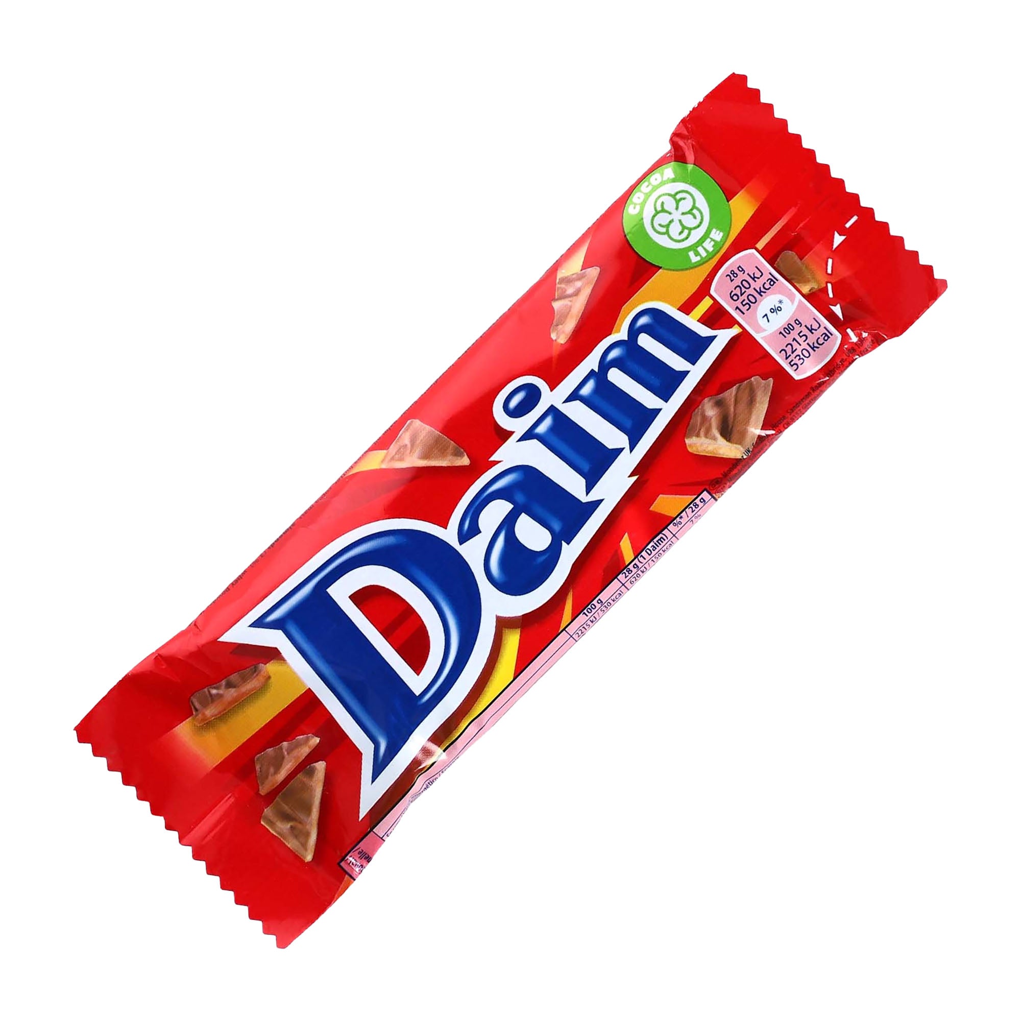 Red packaging of Daim chocolate bar on a white background