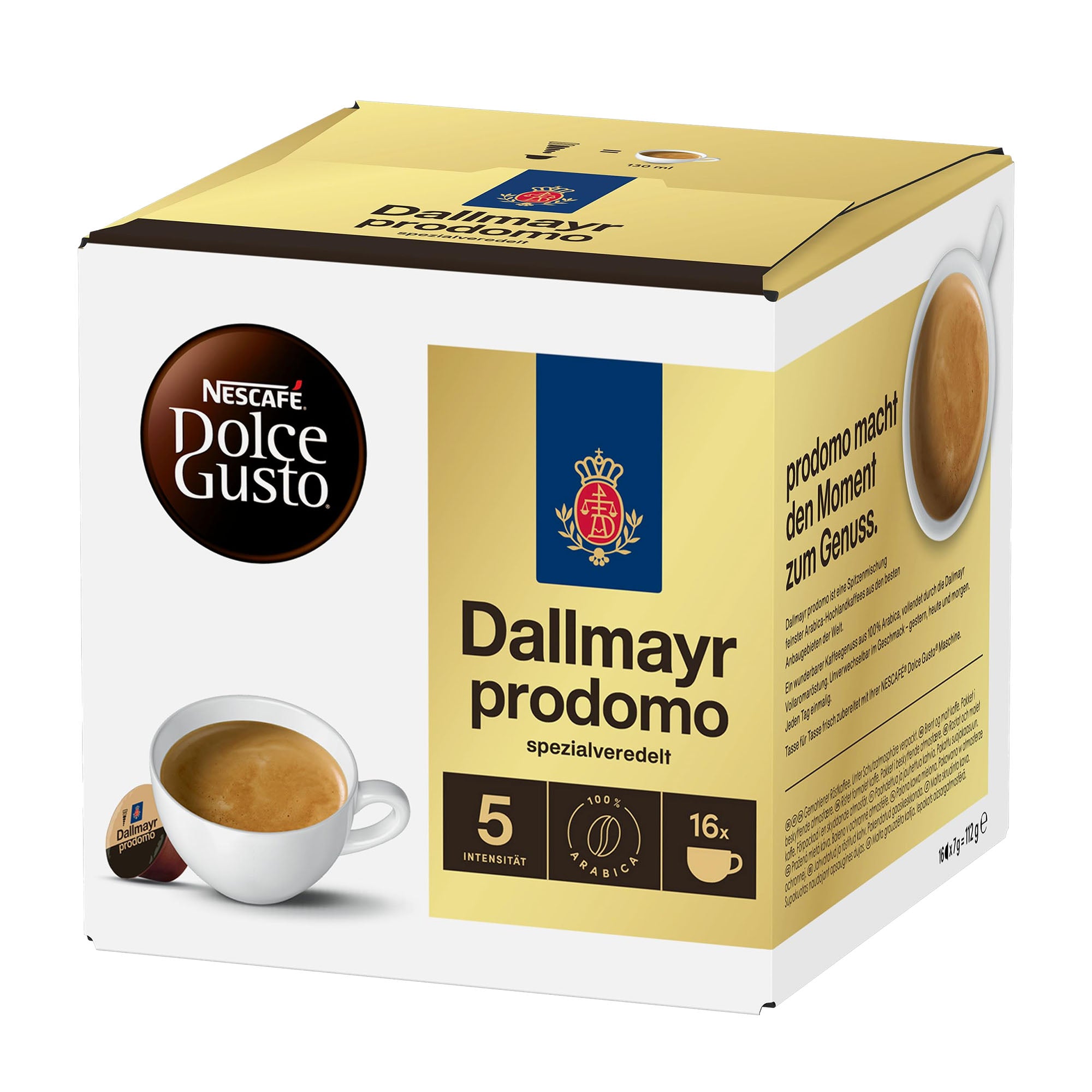 Nescafe Dolce Gusto Dallmayr prodomo coffee capsule box on a white background