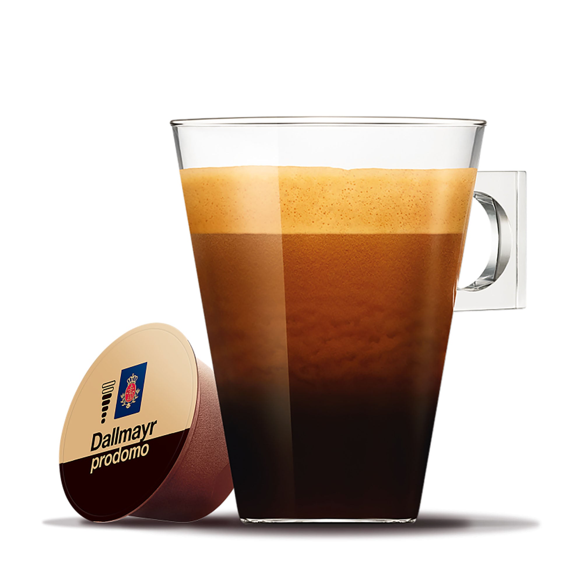 Glass of coffee with a Dallmayr Prodomo coffee capsules on a white background