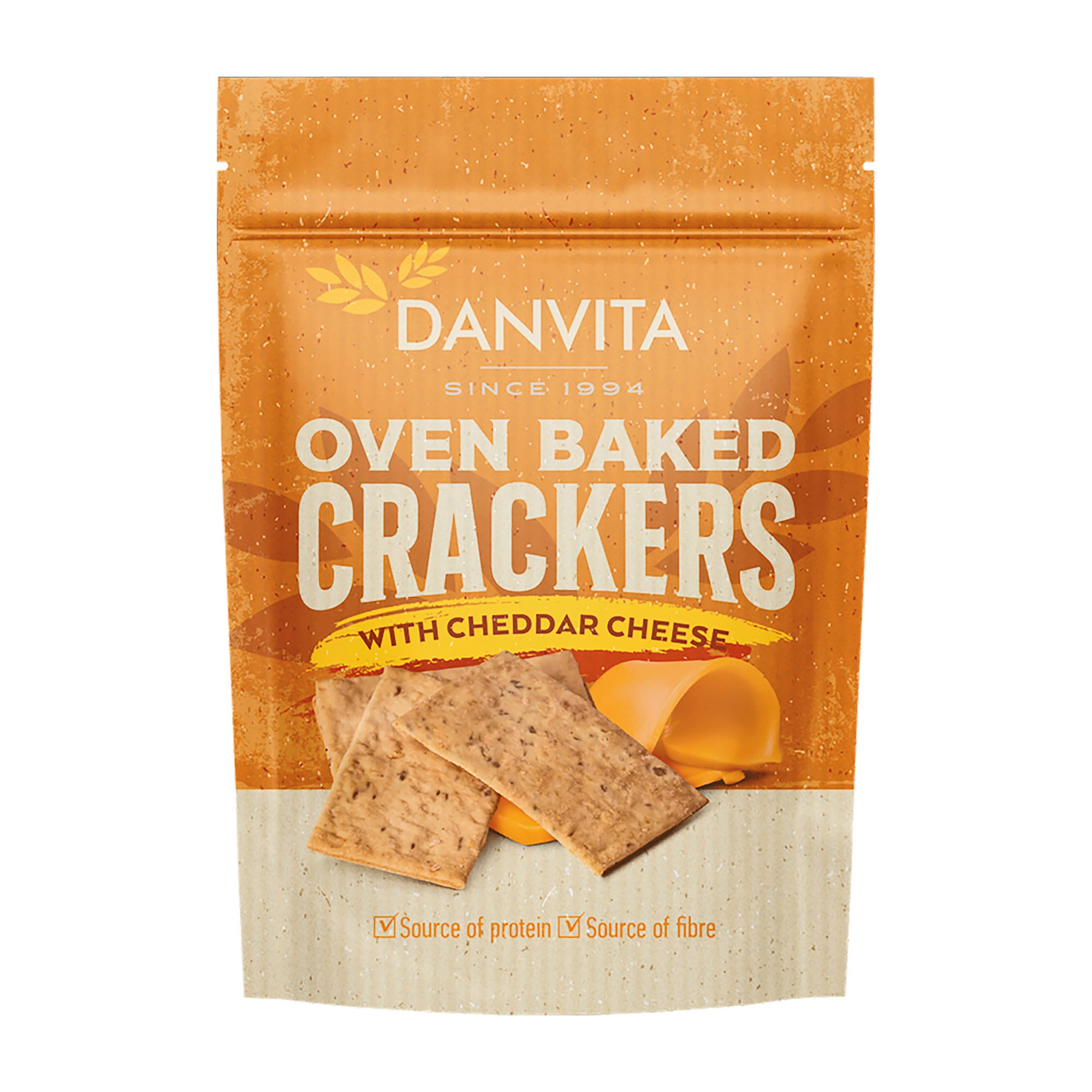 Packaging of Danvita oven baked crackers with cheddar cheese on a white background