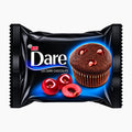ETI Dare dark chocolate cake with dark cherry sauce, shown in its black wrapper with a large photo of a chocolate cupcake and sour cherries on the front.