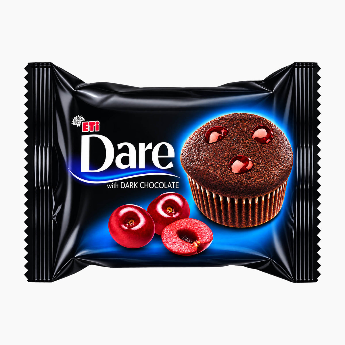 ETI Dare dark chocolate cake with dark cherry sauce, shown in its black wrapper with a large photo of a chocolate cupcake and sour cherries on the front.