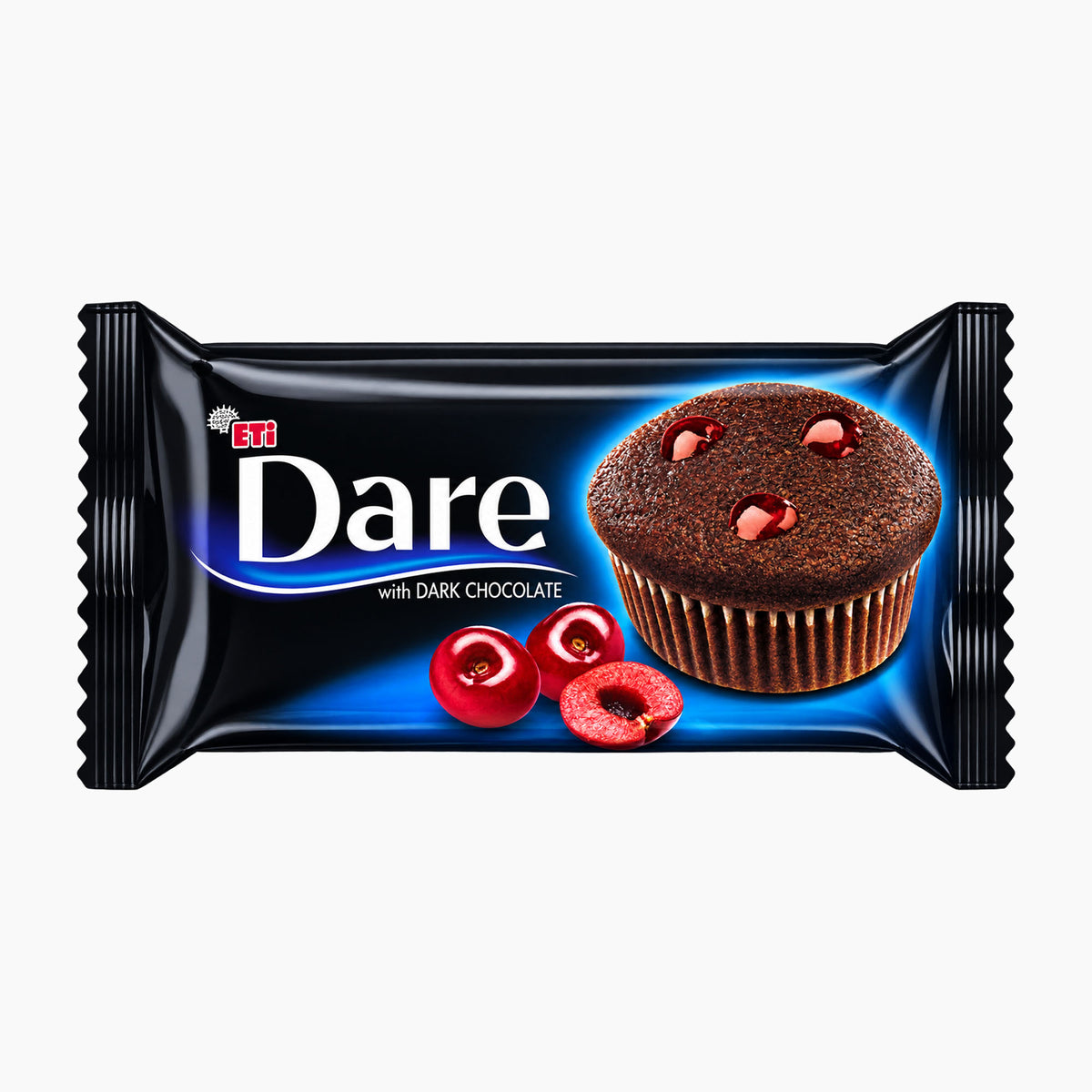 ETI Dare dark chocolate cake with dark cherry sauce, shown in its black wrapper with a large photo of a chocolate cupcake and sour cherries on the front.