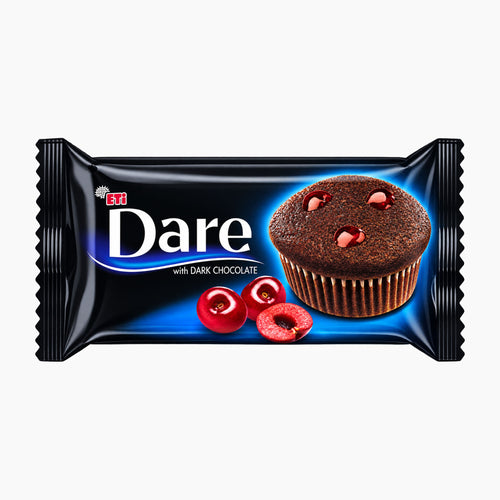 ETI Dare dark chocolate cake with dark cherry sauce, shown in its black wrapper with a large photo of a chocolate cupcake and sour cherries on the front.