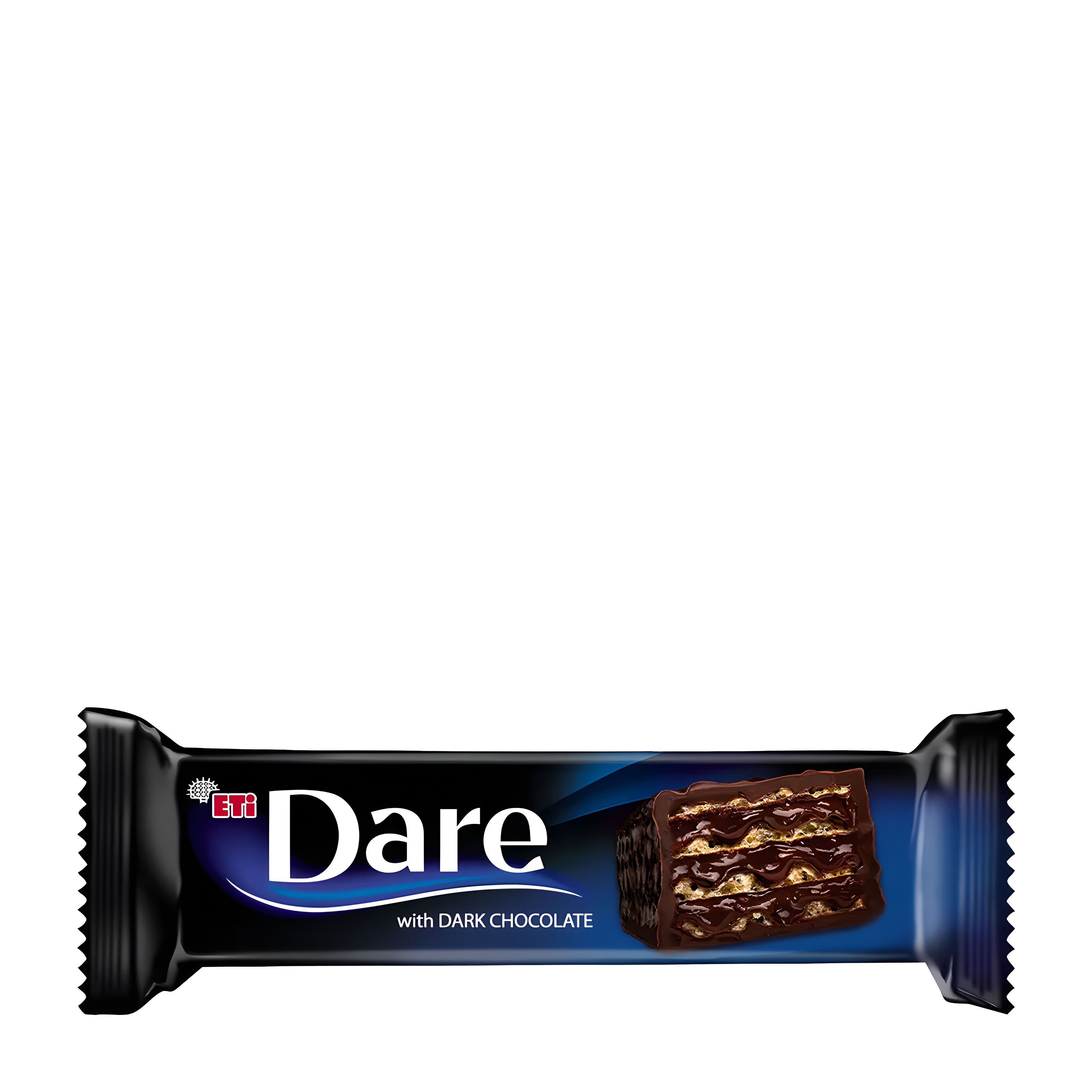 ETI Dare dark chocolate wafer bar packaging on a white background